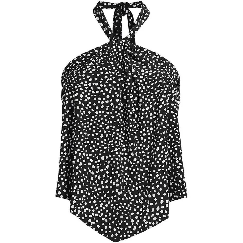 Land's End Plus Size High Neck Halter tankini top Black White Scattered Dot 14